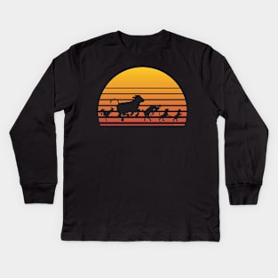 Retro Sunset Dancing Animals Chicken Cow Goat Dog and Cat Kids Long Sleeve T-Shirt